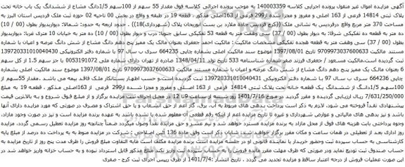 آگهی مزایده مقدار 55 سهم از 100سهم 1/5دانگ مشاع از ششدانگ یک باب خانه تحت پلاک ثبتی 14814 فرعی از 163 اصلی