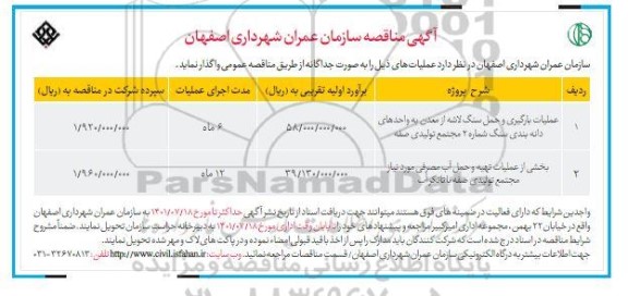 مناقصه عملیات بارگیری و حمل سنگ لاشه از معدن ....