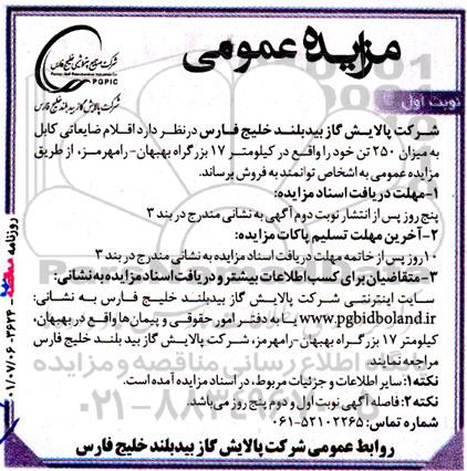 مزایده اقلام ضایعاتی کابل به میزان 250 تن