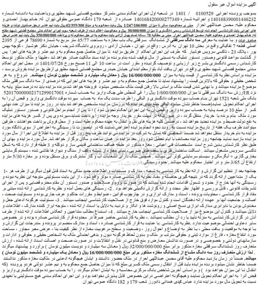 مزایده سه دانگ سرقفلی از ششدانگ سرقفلی یک باب مغازه