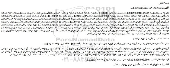 مزایده شش دانگ عرصه و اعیان یک واحد آپارتمان مسکونی