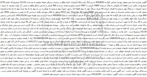 آگهی مزایده ششدانگ یکدستگاه آپارتمان اداری واقع در شمال شرقی طبقه چهارم به مساحت 91/18 مترمربع که مقدار 2/78 مترمربع