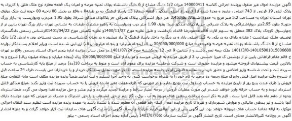 آگهی مزایده  1/2 دانگ مشاع از 6 دانگ باشتثناء بهای ثمنیه عرصه و اعیان یک قطعه مغازه نوع ملک طلق با کاربری به پلاک ثبتی 19 فرعی از 743 اصلی