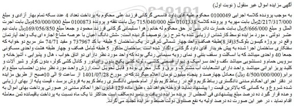 مزایده فروش شش دانگ اعیان با عرصه مشاع اجاره ای یک واحد آپارتمان