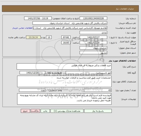 استعلام خرید قطعات یدکی مربوط به فن های هوایی