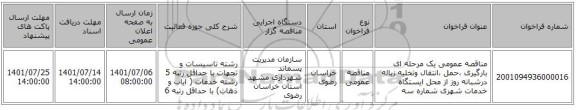 مناقصه، مناقصه عمومی یک مرحله ای بارگیری ،حمل ،انتقال وتخلیه زباله درشبانه روز از محل ایستگاه خدمات شهری شماره  سه