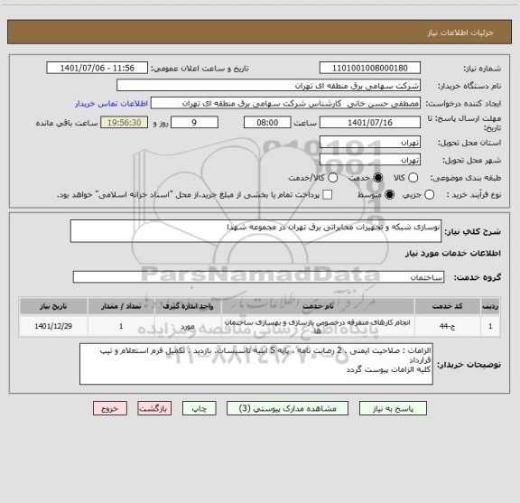 استعلام نوسازی شبکه و تجهیزات مخابراتی برق تهران در مجموعه شهدا