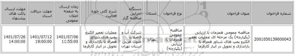 مناقصه، مناقصه عمومی همزمان با ارزیابی (یکپارچه) یک مرحله ای عملیات تعمیر الکترو پمپ های شناور همراه با باراندازی و تحویل در انبار کارفرما