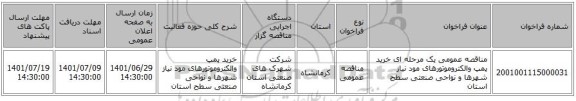 مناقصه، مناقصه عمومی یک مرحله ای خرید پمپ والکتروموتورهای مود نیاز شهرها و نواحی صنعتی سطح استان
