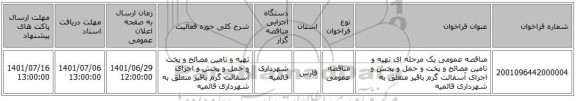 مناقصه، مناقصه عمومی یک مرحله ای تهیه و تامین مصالح و پخت و حمل و پخش و اجرای آسفالت گرم باقیر متعلق به شهرداری قائمیه