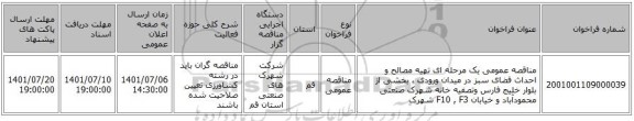 مناقصه، مناقصه عمومی یک مرحله ای تهیه مصالح و احداث فضای سبز در میدان ورودی ، بخشی از بلوار خلیج فارس وتصفیه خانه شهرک صنعتی محمودآباد و خیابان F10 , F3 شهرک