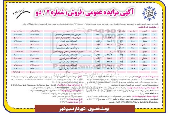 مزایده فروش ۱۱ قطعه از اراضی نوبت دوم