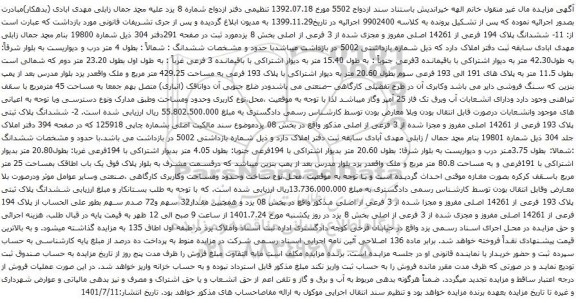 آگهی مزایده ششدانگ پلاک 194 فرعی از 14261 اصلی مفروز و مجزی شده از 3 فرعی از اصلی بخش 8