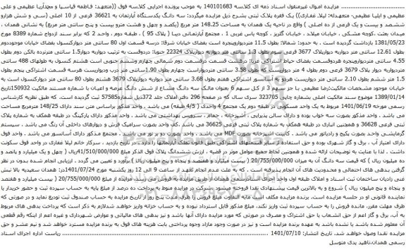 آگهی مزایده سه دانگ یکدستگاه آپارتمان به 36621 فرعی از 10 اصلی