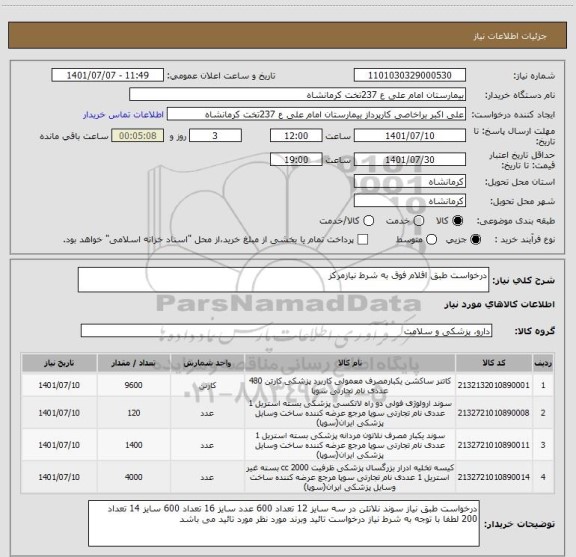 استعلام درخواست طبق اقلام فوق به شرط نیازمرکز