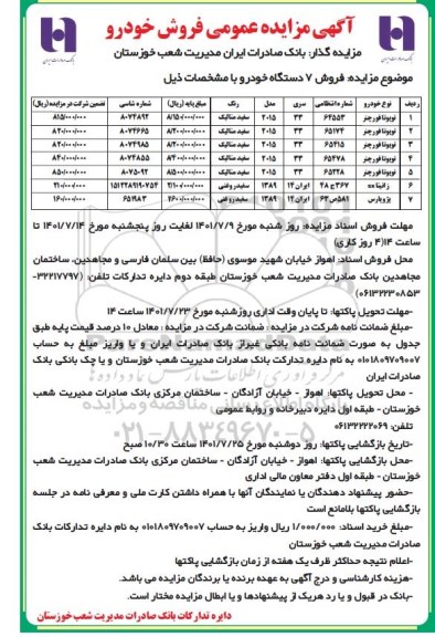 مزایده فروش 7 دستگاه خودرو