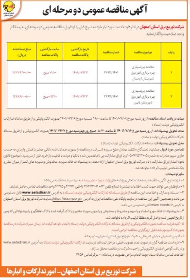مناقصه مناقصه برونسپاری بهره برداری امور برق شهرستان و...