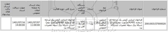 مناقصه، فراخوان ارزیابی کیفی یک مرحله ای شماره 4/401/م(نوبت دوم) احداث شبکه برق سوله تعمیرات ایستگاه یزد