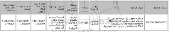 مناقصه، مناقصه عمومی یک مرحله ای خرید یک دستگاه هضم مایکروویو (Microwave digestion platform) با مشخصات Multiwave 5000 با نام برند Amntonpaar
