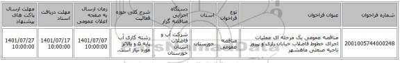 مناقصه، مناقصه عمومی یک مرحله ای عملیات اجرای خطوط فاضلاب خیابان رازی و پیروز ناحیه صنعتی ماهشهر
