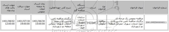 مناقصه، مناقصه عمومی یک مرحله ای برگزاری مناقصه تامین ماشین آلات حوزه خدمات شهری -عمرانی  منطقه دو شهرداری