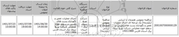 مناقصه، مناقصه عمومی همزمان با ارزیابی (یکپارچه) یک مرحله ای اجرای عملیات تعمیر و نگهداری پست های زمینی در سطح حوزه عملیاتی شرکت توزیع نیروی برق استان فارس 14011989