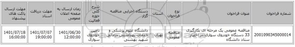 مناقصه، مناقصه عمومی یک مرحله ای  بکارگیری 33 دستگاه خودروی سواری در اختیار ستاد دانشگاه