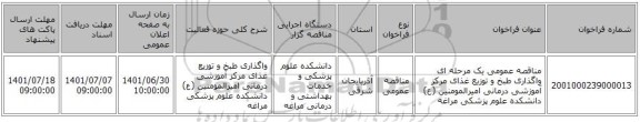 مناقصه، مناقصه عمومی یک مرحله ای واگذاری طبخ و توزیع غذای مرکز آموزشی درمانی امیرالمومنین (ع) دانشکده علوم پزشکی مراغه