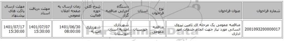 مناقصه، مناقصه عمومی یک مرحله ای تامین نیروی انسانی مورد نیاز جهت انجام خدمات امور اداری