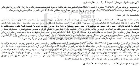 مزایده فروش شش دانگ یک باب مغازه تجاری 