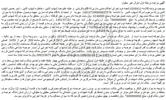 مزایده فروش شش دانگ عرصه و اعیان یک واحد آپارتمان به مساحت (65/87)
