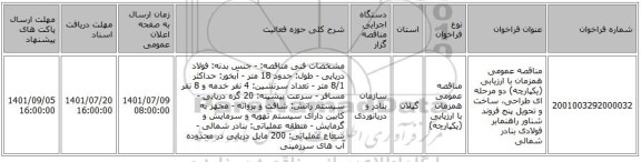 مناقصه، مناقصه عمومی همزمان با ارزیابی (یکپارچه) دو مرحله ای طراحی، ساخت و تحویل پنج فروند شناور راهنمابر فولادی بنادر شمالی