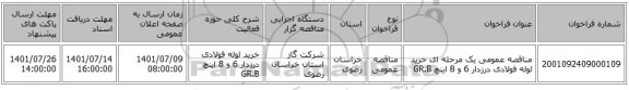 مناقصه، مناقصه عمومی یک مرحله ای خرید لوله فولادی درزدار  6 و 8 اینچ GR.B