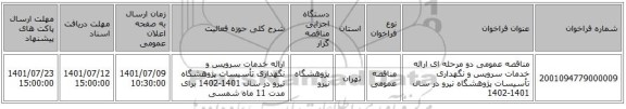 مناقصه، مناقصه عمومی دو مرحله ای ارائه خدمات سرویس و نگهداری تأسیسات پژوهشگاه نیرو در سال 1401-1402
