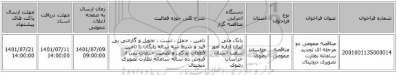مناقصه، مناقصه عمومی دو مرحله ای تجدید سامانه نظارت تصویری دیجیتال