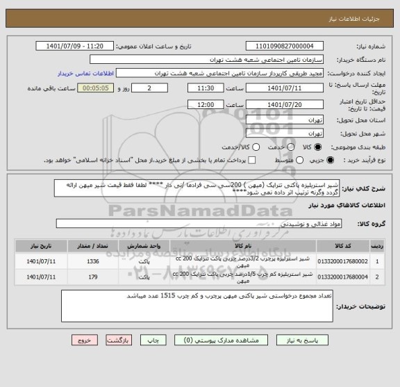 استعلام شیر استریلیزه پاکتی تتراپک (میهن ) 200سی سی فرادما /نی دار **** لطفا فقط قیمت شیر میهن ارائه گردد وگرنه ترتیب اثر داده نمی شود****
