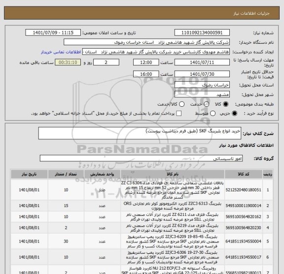 استعلام خرید انواع بلبرینگ SKF (طبق فرم دیتاشیت پیوست)