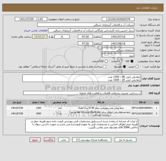 استعلام رابط پلی اتیلن 90 : 1200 عدد
رابط پلی اتیلن 25 : 1000 عدد