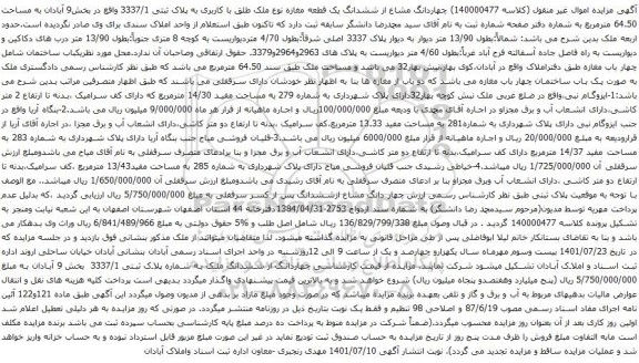 آگهی مزایده چهاردانگ مشاع از ششدانگ یک قطعه مغازه نوع ملک طلق با کاربری به پلاک ثبتی 3337/1
