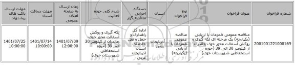 مناقصه، مناقصه عمومی همزمان با ارزیابی (یکپارچه) یک مرحله ای لکه گیری و روکش آسفالت محور خوی-چالدران از کیلومتر 30 الی 39 (حوزه استحفاظی شهرستان خوی)