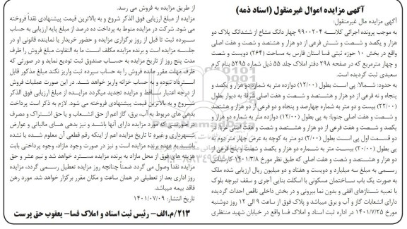 مزایده، مزایده چهاردانگ مشاع از ششدانگ پلاک دو هزار و یکصد و شصت و شش فرعی