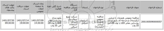 مناقصه، مناقصه عمومی همزمان با ارزیابی (یکپارچه) دو مرحله ای پکیچ چراغ روشنایی معابر LED با توان 26 الی 35 وات