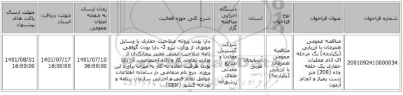 مناقصه، مناقصه عمومی همزمان با ارزیابی (یکپارچه) یک مرحله ای انام عملیات حفاری یک حلقه چاه (200) متر تست پمپاژ و انجام آزمون