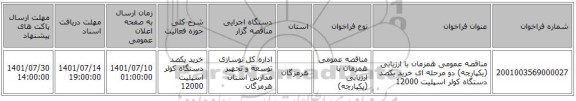 مناقصه، مناقصه عمومی همزمان با ارزیابی (یکپارچه) دو مرحله ای خرید یکصد دستگاه کولر اسپلیت 12000