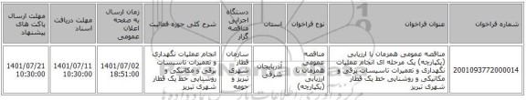 مناقصه، مناقصه عمومی همزمان با ارزیابی (یکپارچه) یک مرحله ای انجام عملیات نگهداری و تعمیرات تاسیسات برقی و مکانیکی و روشنایی خط یک قطار شهری تبریز