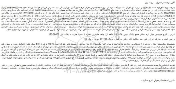 مزایده فروش عرصه و اعیان یک دستگاه آپارتمان مسکونی (وضعیت خاص طلق) به شماره29676 فرعی از 170 اصلی قطعه 2 تفکیکی مفروز و مجزی شده از 52432 فرعی از اصلی 