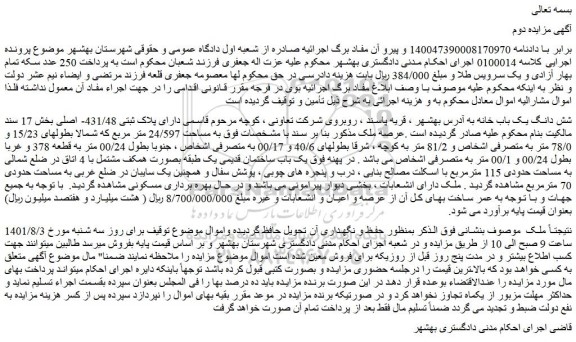 مزایده فروش شش دانگ یک باب خانه