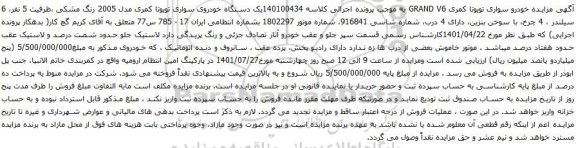 آگهی مزایده یک دستگاه خودروی سواری تویوتا کمری مدل 2005 رنگ مشکی ،ظرفیت 5 نفر