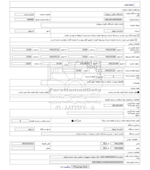 مزایده ، اجاره خبازی دانشگاه حکیم سبزواری