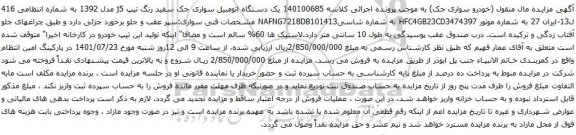 آگهی مزایده یک دستگاه اتومبیل سواری جک سفید رنگ تیپ j5 مدل 1392